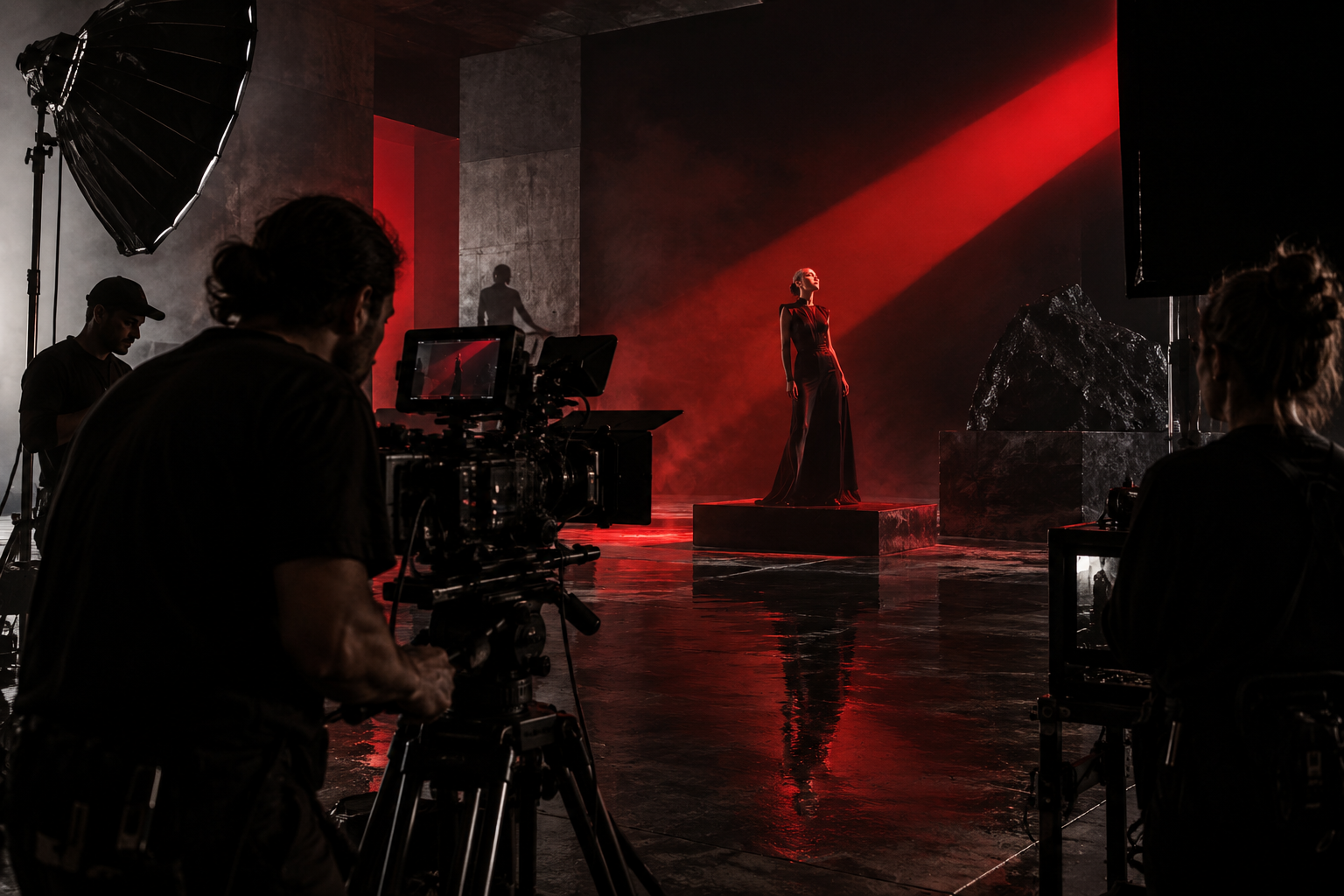 Cinematic film set with a camera crew